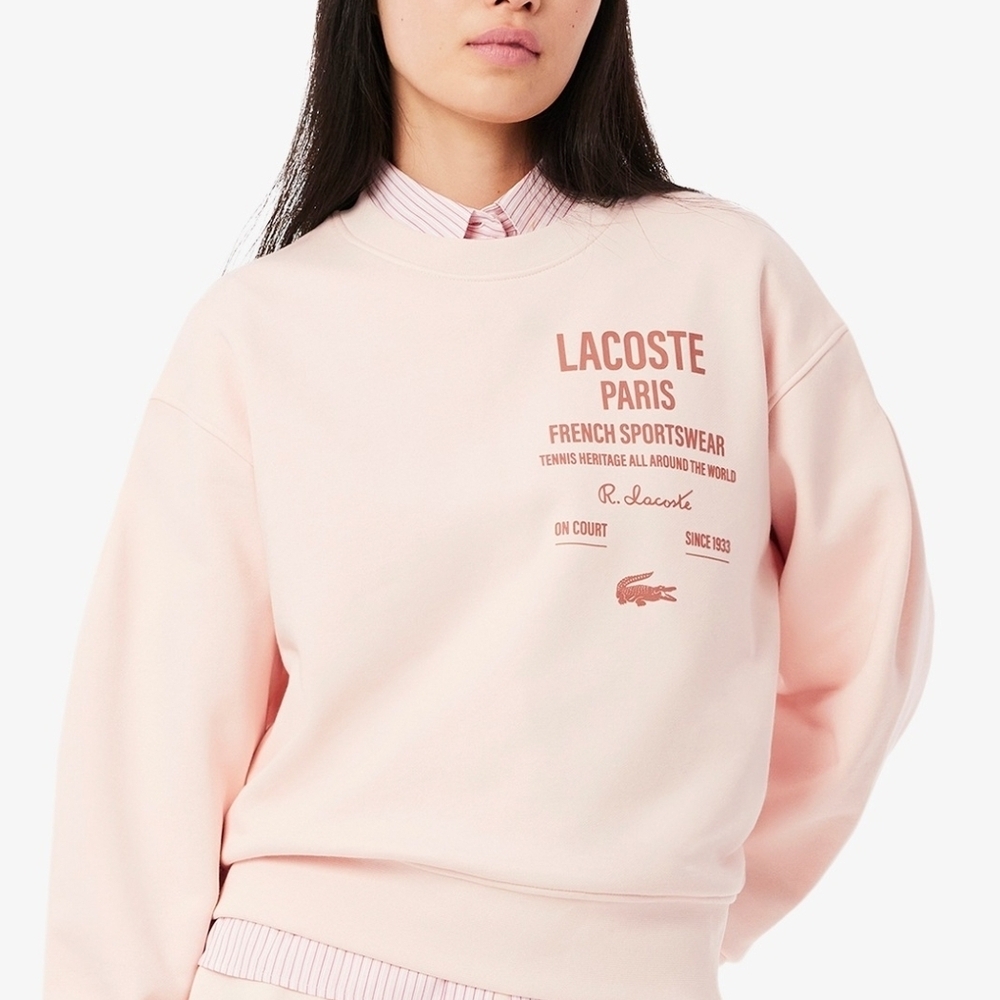 Lacoste Women's Oversized Pleated Print Sweatshirt Sweater Size 12 Light Pink